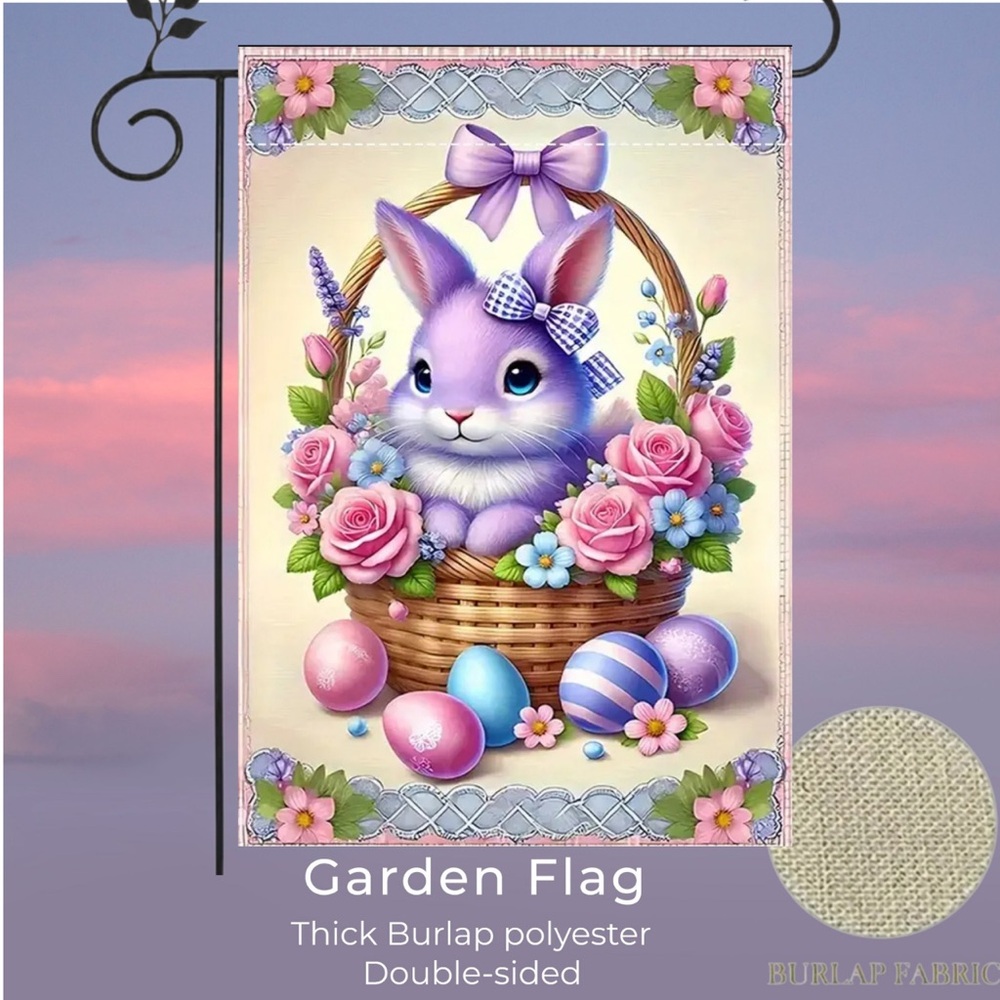 Garden Flag, 12“ X 18“, Purple Easter Bunny, Thick Burlap Polyester DoubleSided